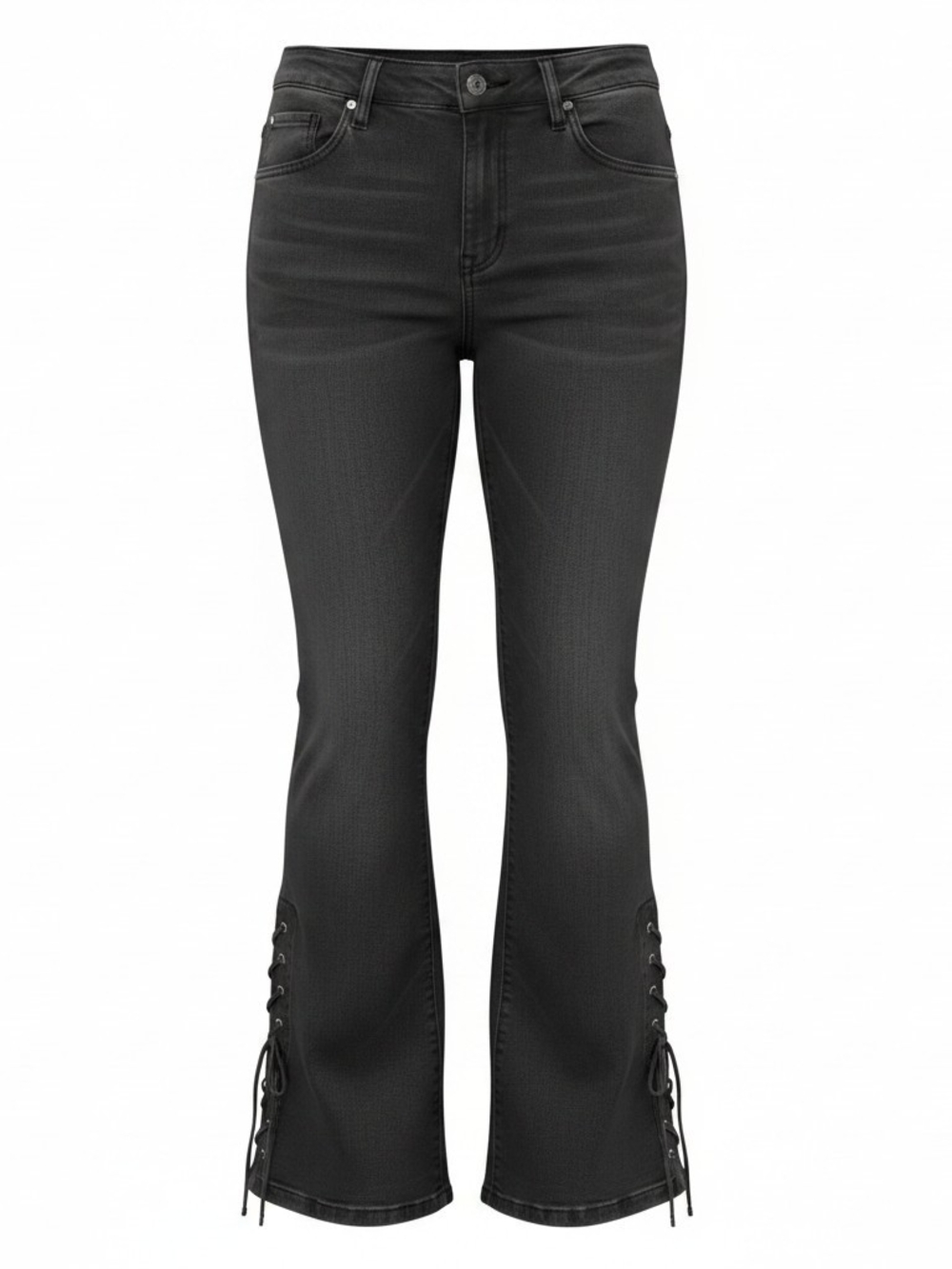 High-Rise Black Flare Jeans with Lace-Up Hem